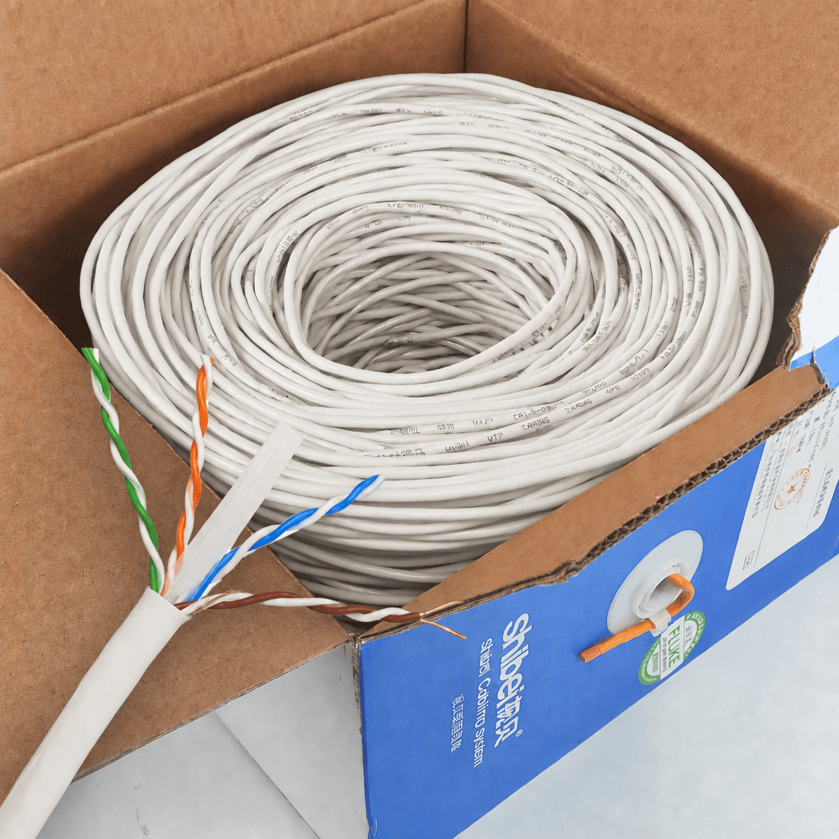 Shibei CAT6 UTP cable in a pull-box package. Final conductor, color, length and packaging are confirmed in the quotation.
