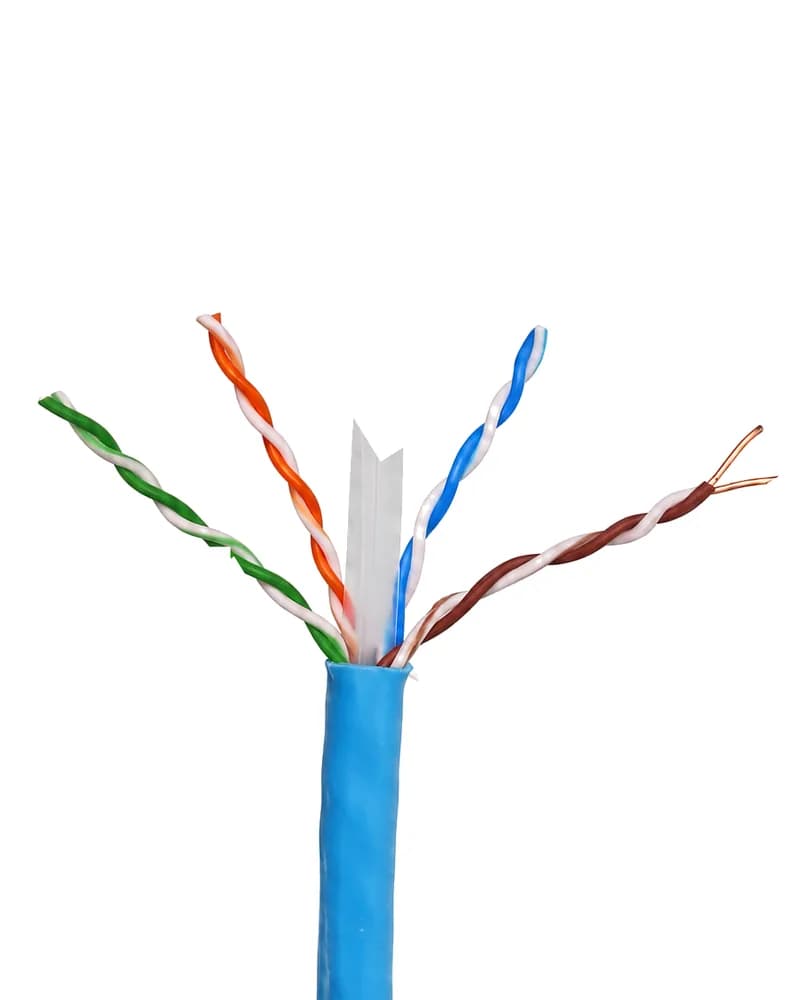 Stripped end of a blue Cat6A cable, pairs spread around a white separator