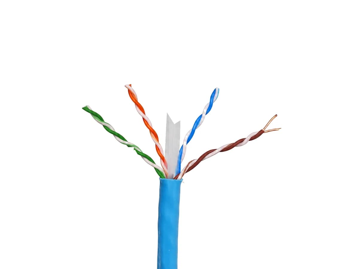 Stripped end of a blue Cat6A cable, pairs spread around a white separator