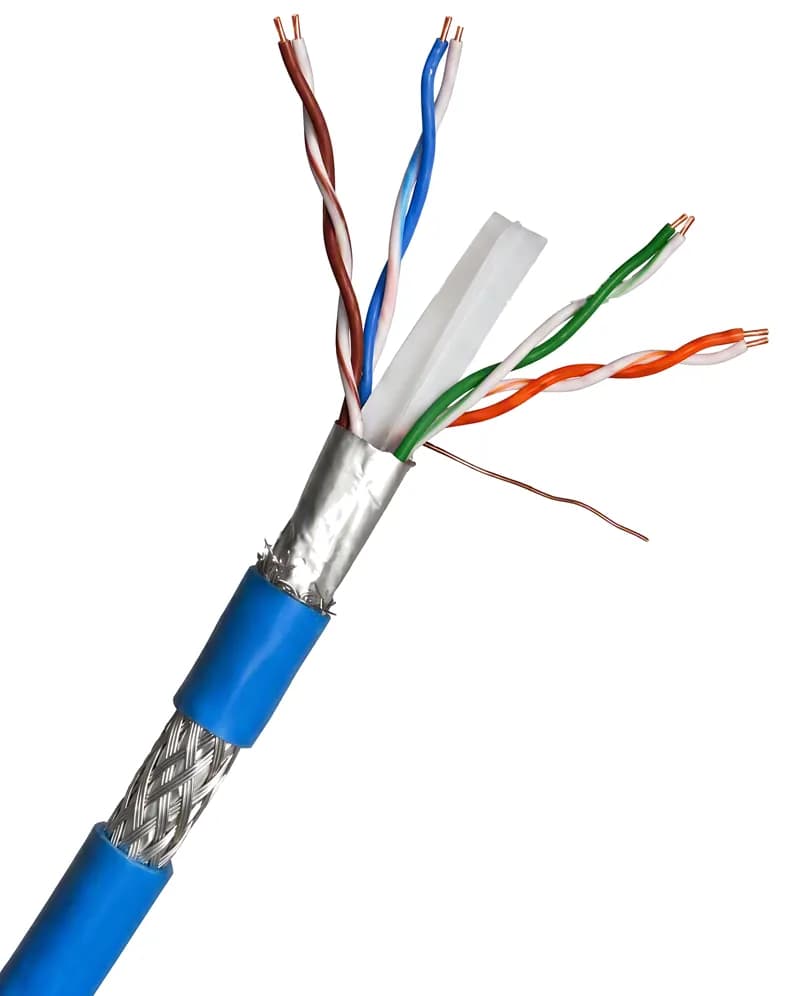 Cat6 SF/UTP cable stripped back to show braid, foil and four twisted pairs