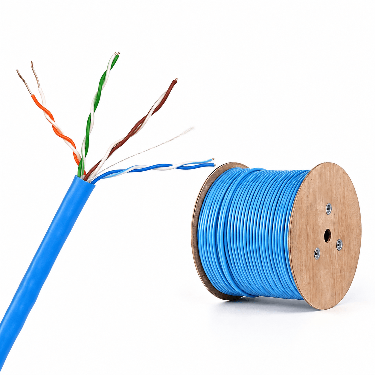 Blue CAT5 UTP cable reel with an exposed four-pair cable end on a white background. Final configuration is confirmed in the quotation.