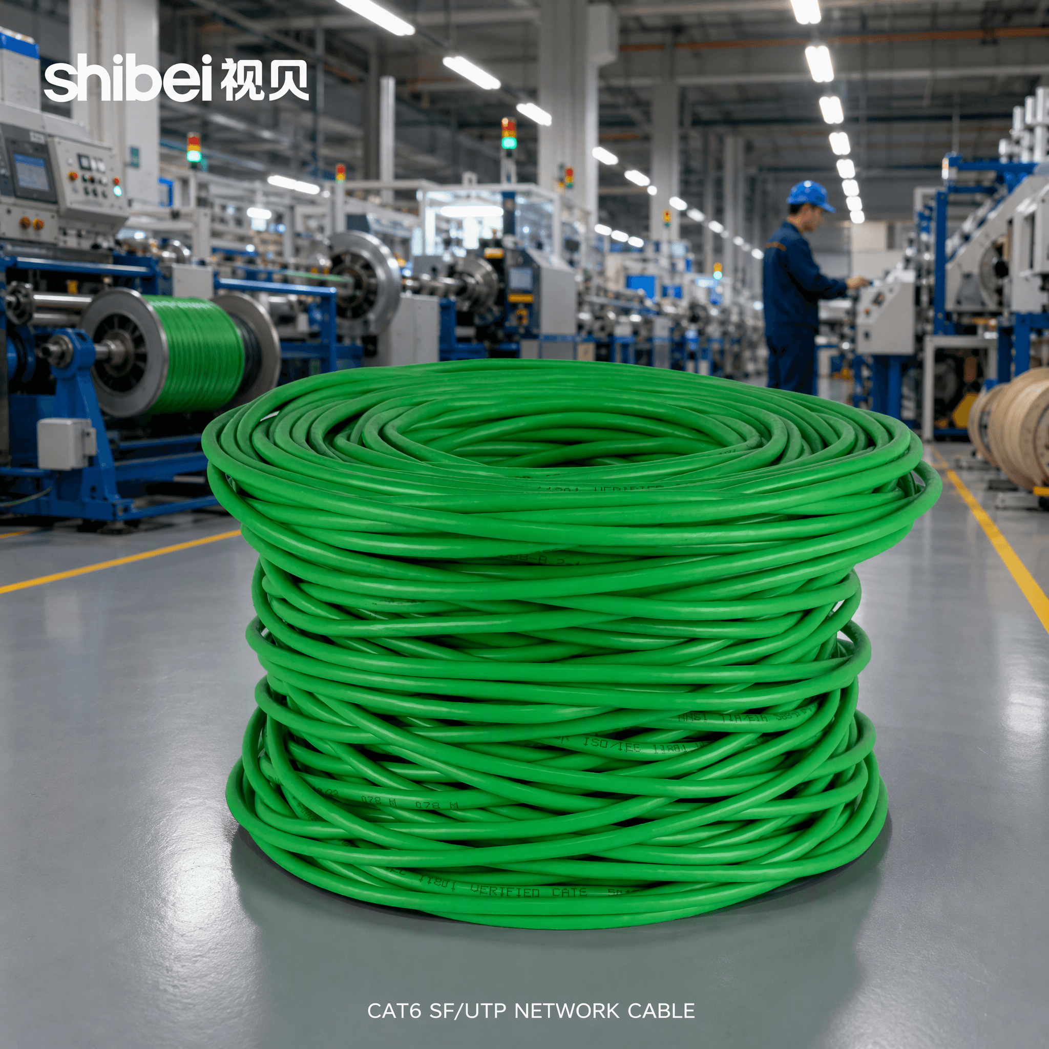 Shibei CAT6 S/FTP cable family coil shown in a production setting. Final item configuration is confirmed in the quotation.