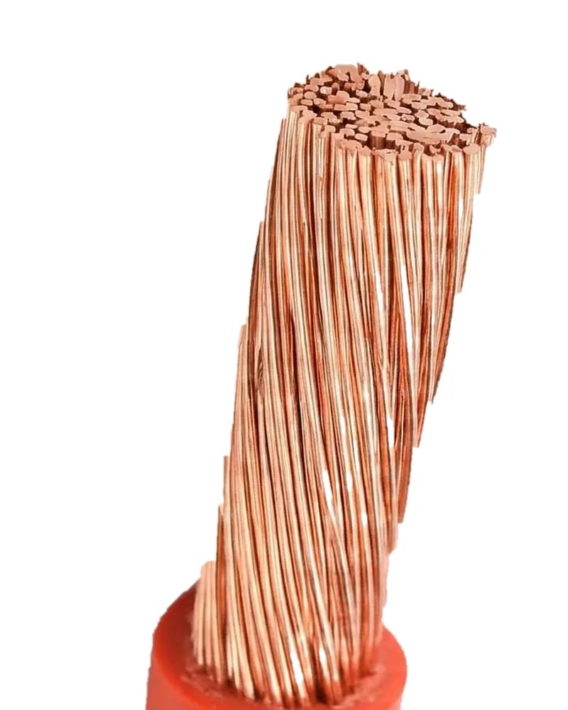 Bare stranded conductor rising from a red insulated wire