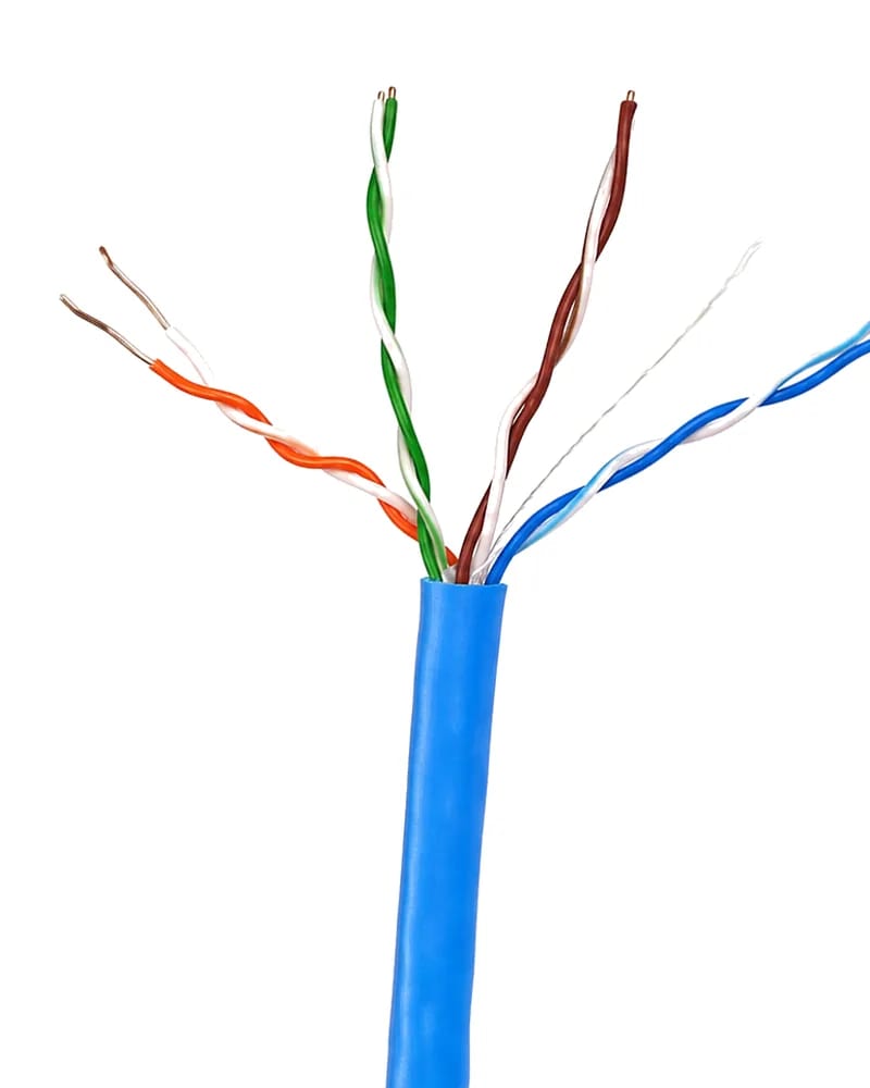 Stripped end of a blue network cable with four twisted pairs fanned out