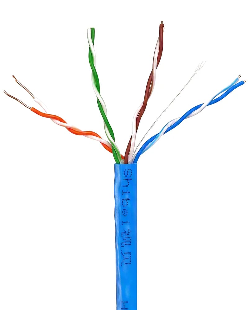 Stripped end of a blue network cable with four twisted pairs fanned out