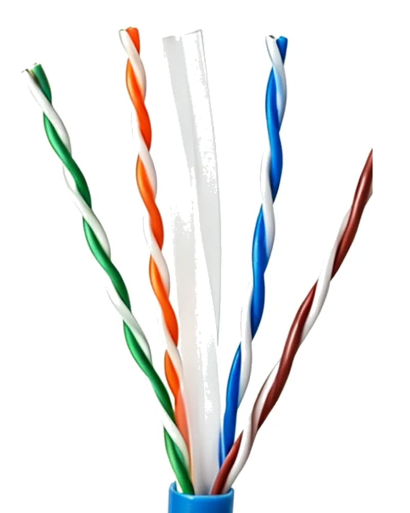 Stripped end of a blue network cable, four twisted pairs around a white separator