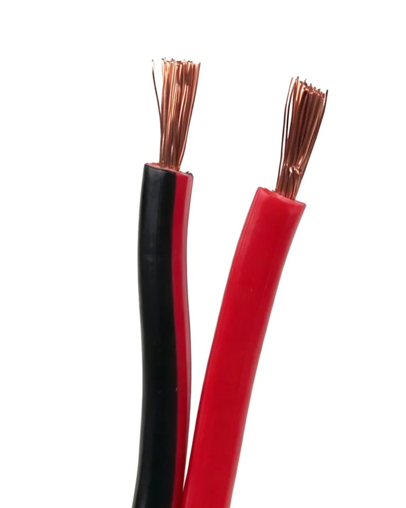 Stripped ends of a red and black parallel wire