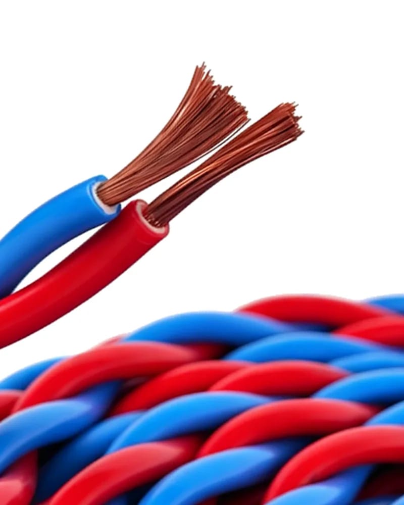 Stripped ends of a red and blue twisted pair above a coil