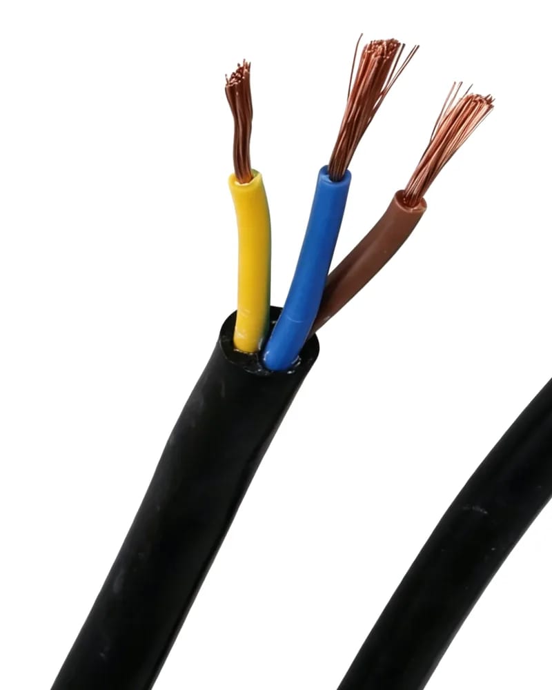Stripped end of a black sheathed cable with yellow, blue and brown cores