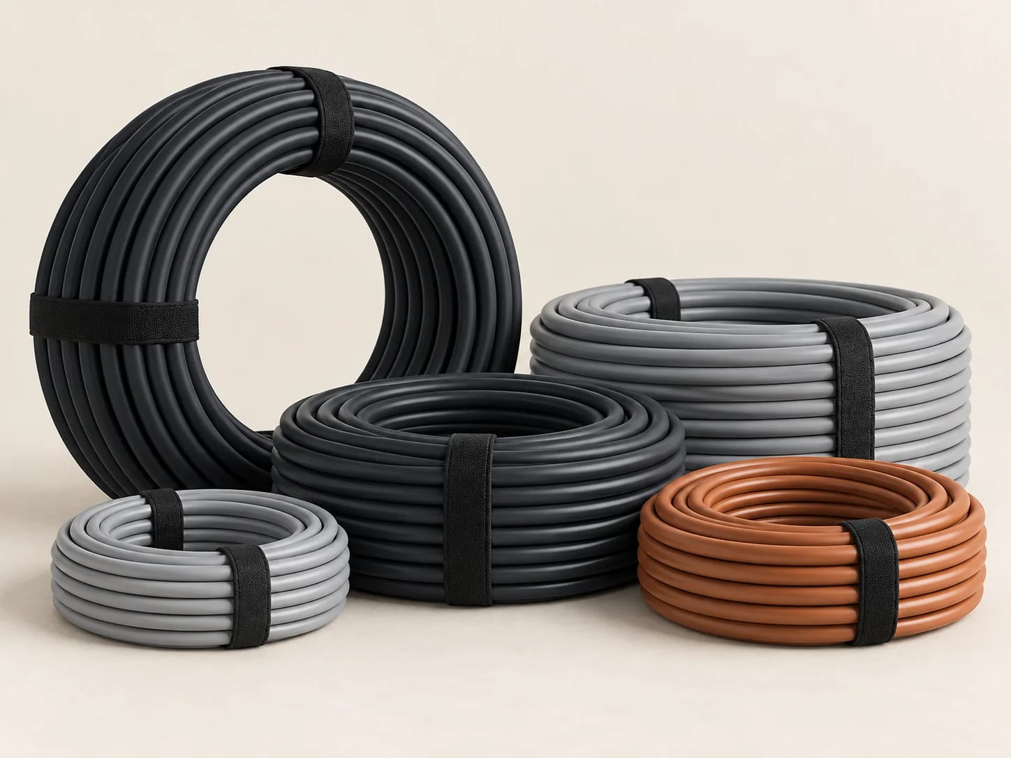 Coils of single-core building wire in several jacket colours stacked on a plain surface. Orientation image; verified values are on each product record.