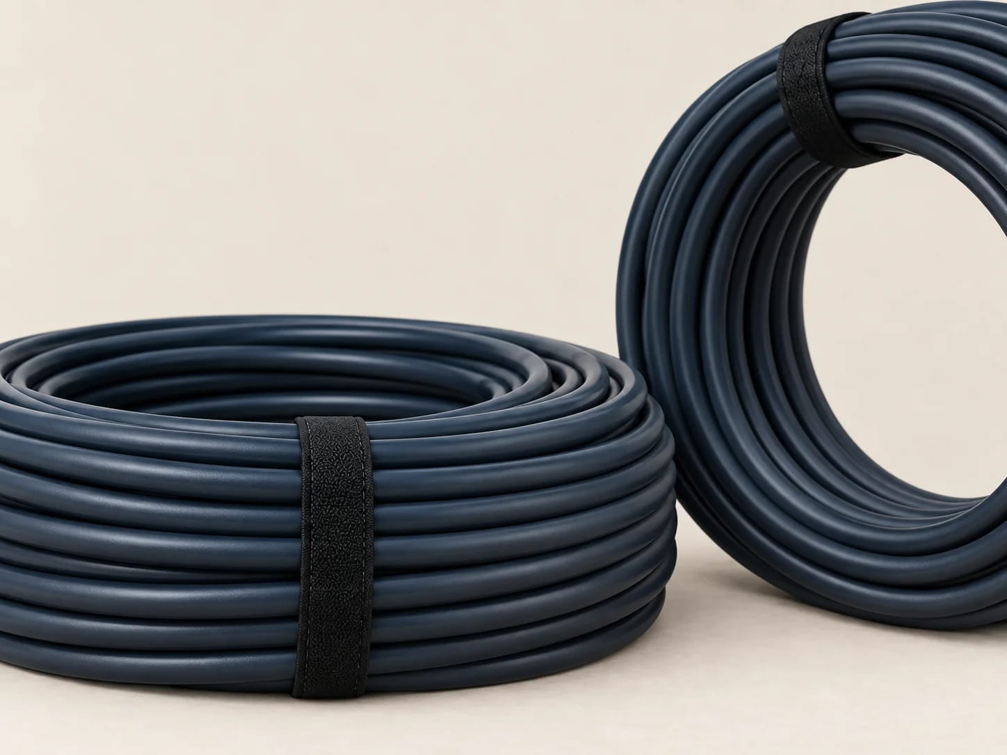 Two coils of dark-jacketed network cable set at different angles. Orientation image; verified values are on each product record.