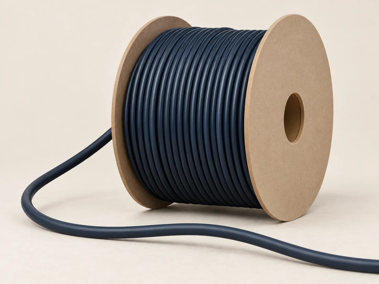 An unmarked reel of dark-jacketed network cable with a length running towards the foreground. Orientation image; verified values are on each product record.