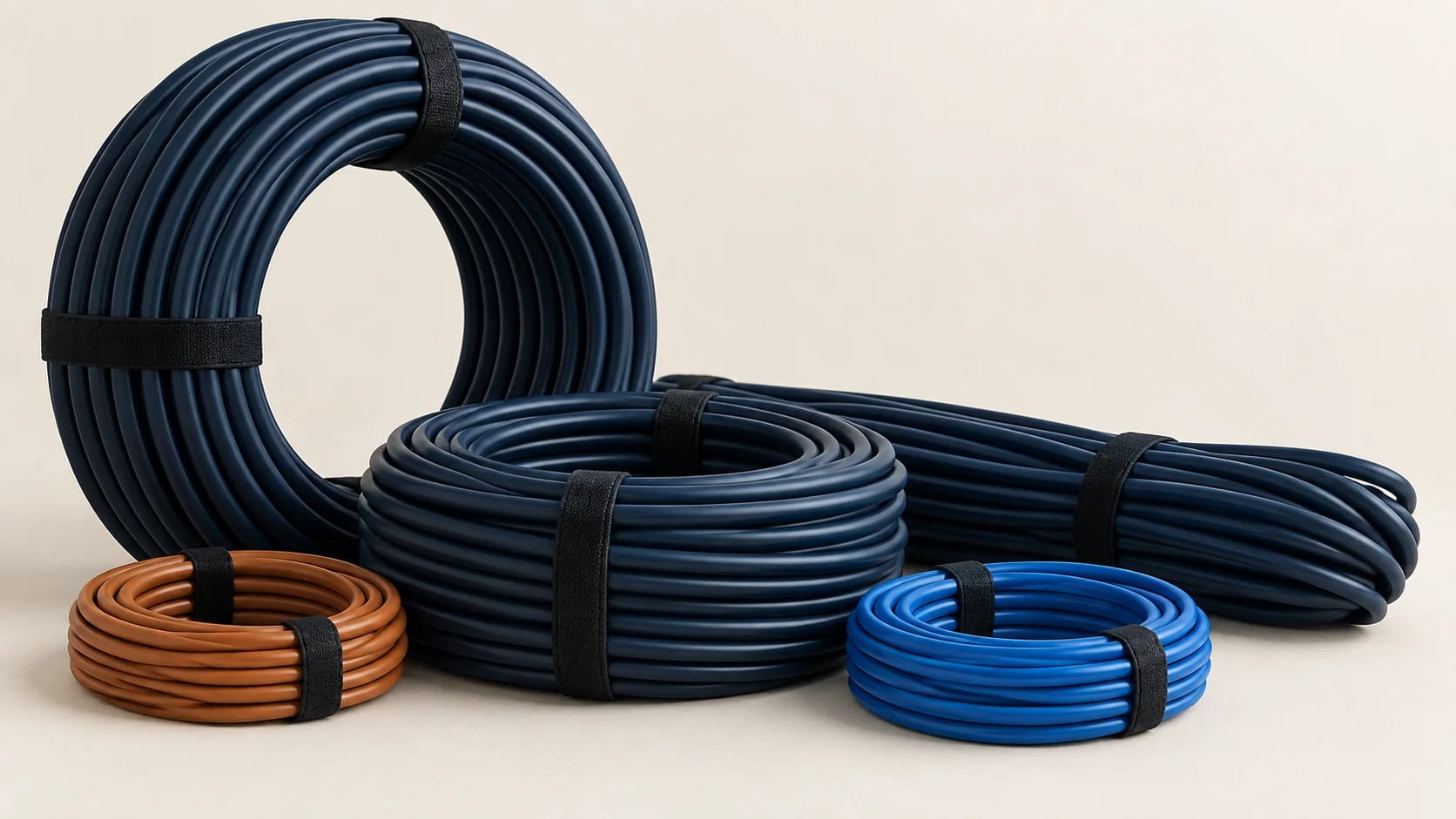 Coiled cable in several jacket colours arranged on a plain ground