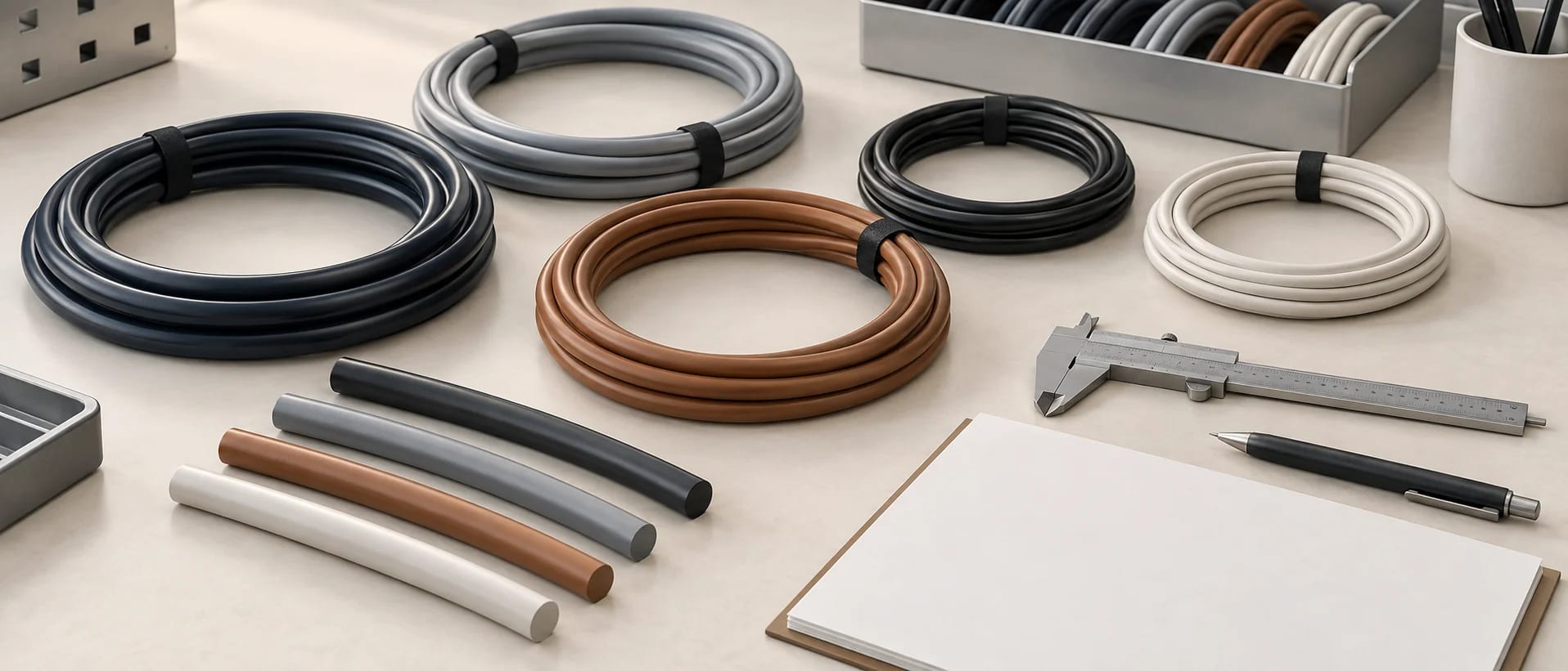 Jacketed cable samples arranged for inspection on a technical workbench