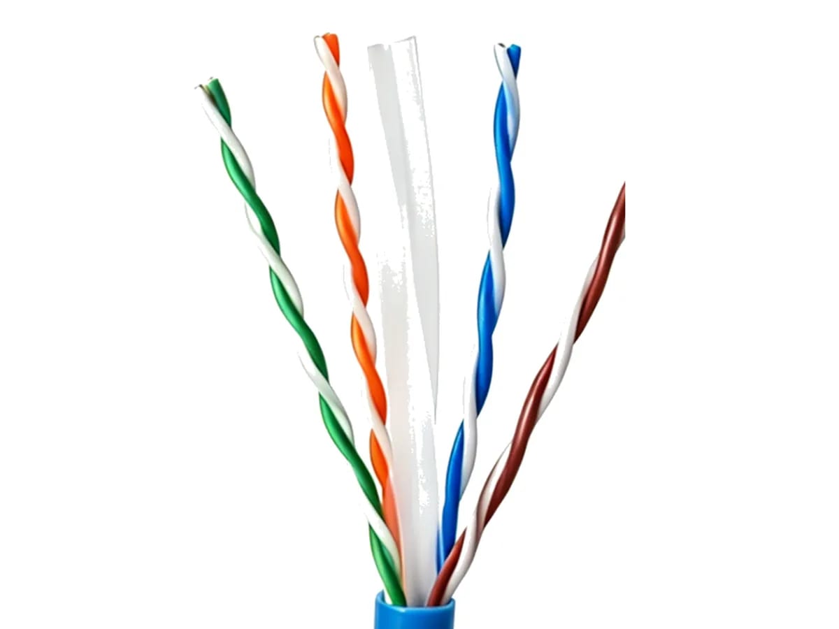 Stripped end of a blue Cat6 cable, four twisted pairs around a white separator