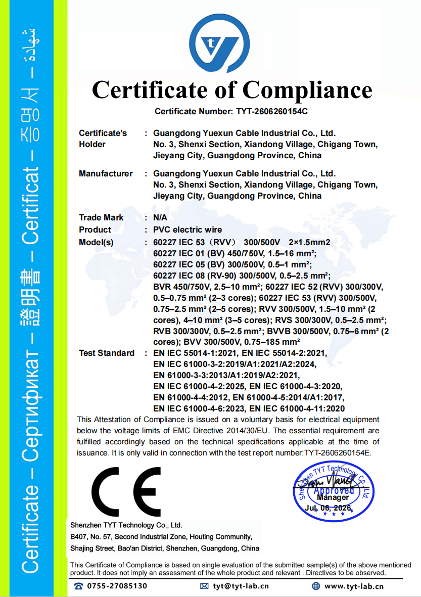 Supplier source document supplied for the electrical cable family, shown as reference material