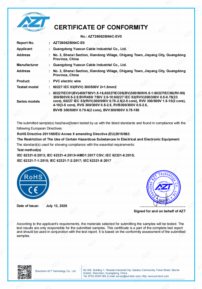 Supplier source document supplied for the electrical cable family, shown as reference material