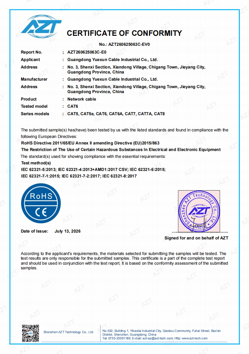 Supplier source document supplied for the network cable family, shown as reference material